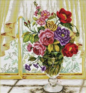 schema punto croce vaso con le rose davanti alla finestra